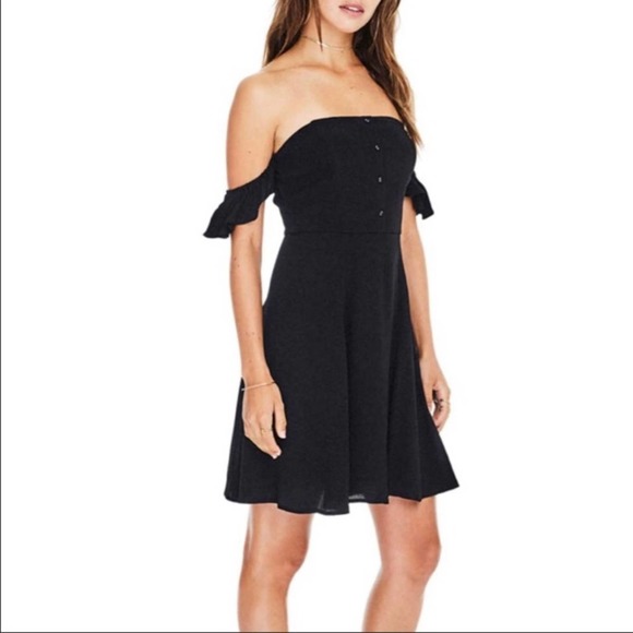 ASTR The Label | Sabina Off Shoulder Mini Dress in Black Button down Ruffle trim - Picture 1 of 11